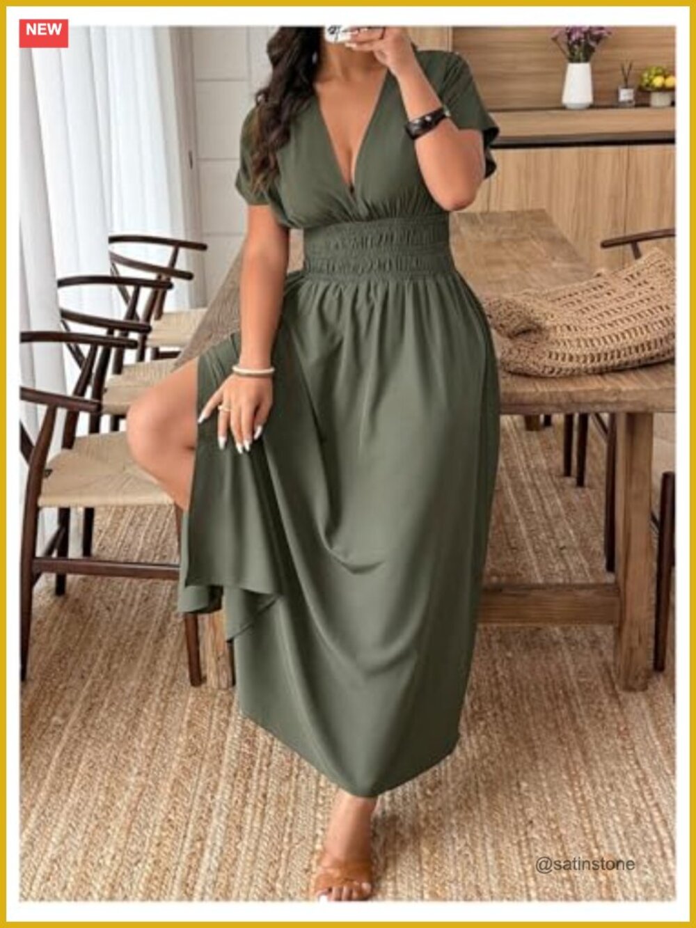 Deep V Neck Maxi Dress Short Sleeve Split Hem Flowy Summer - Picture 4 of 5
